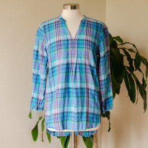LL Bean 100% Linen Plaid High-Low Tunic Top Shirt Blouse